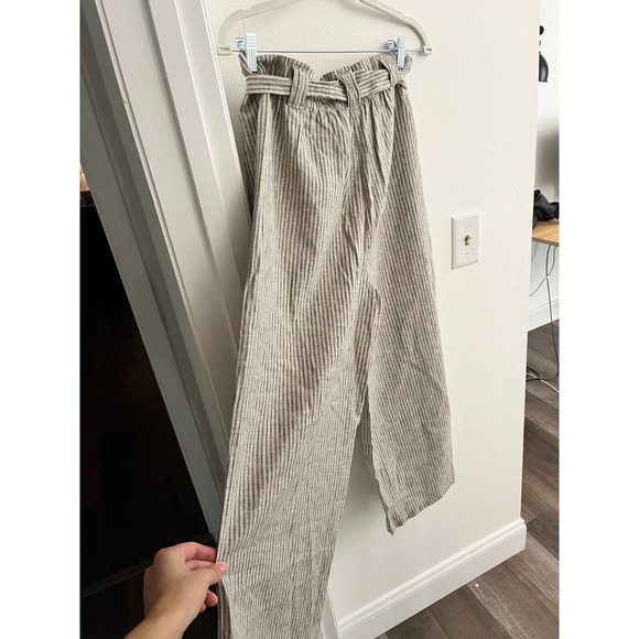 Max Studio Wide Leg Crop Linen Cotton Blend Stripe Beige Pull on Medium paperbag - Picture 3 of 9